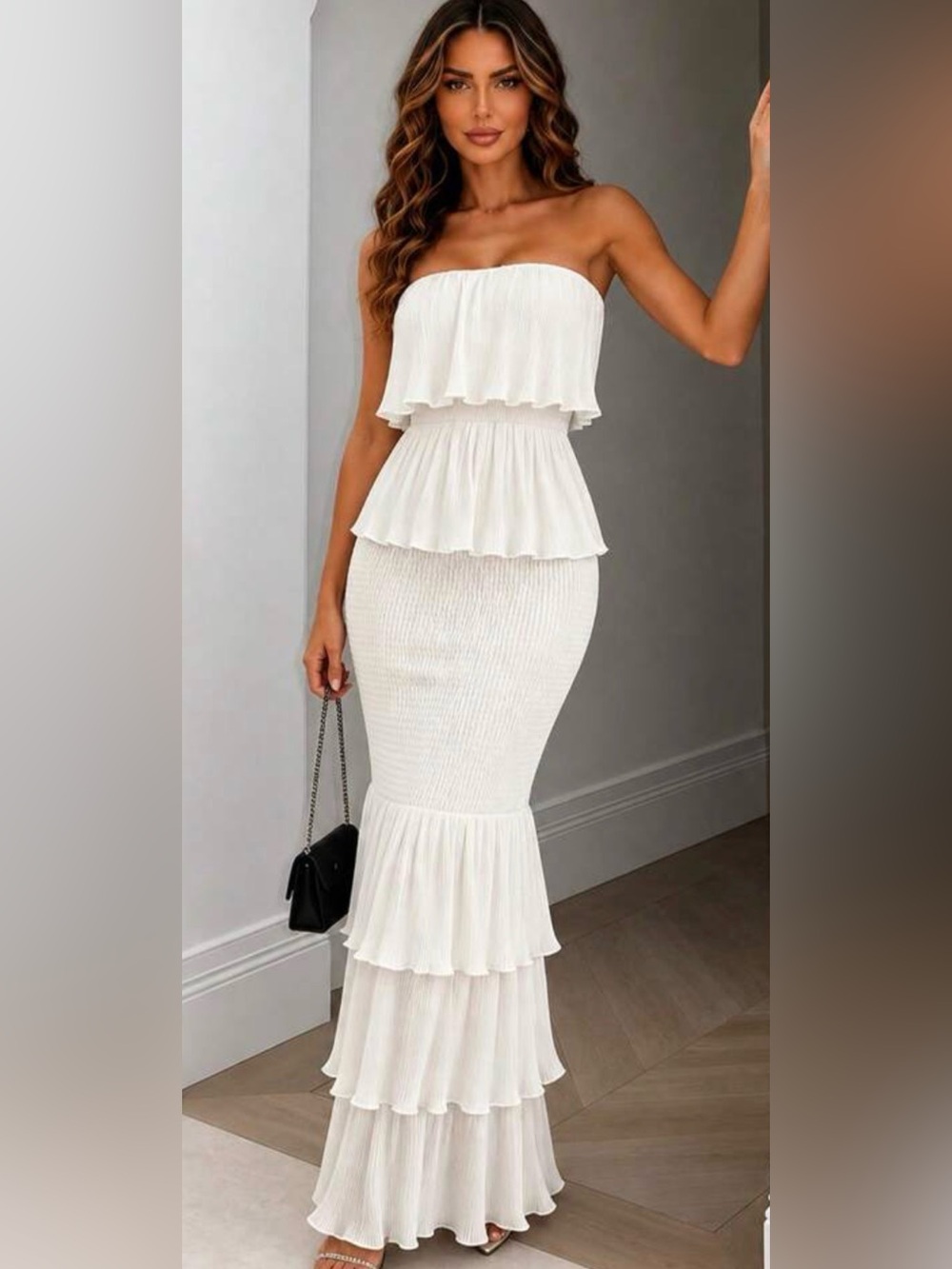 Elegant White Strapless Tiered Maxi Dress